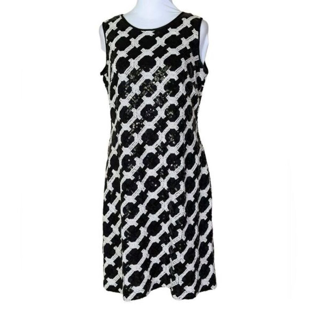 Taylor Womens Sheath Dress 10 Black White Sequins Cocktail‎ Shimmer Statement